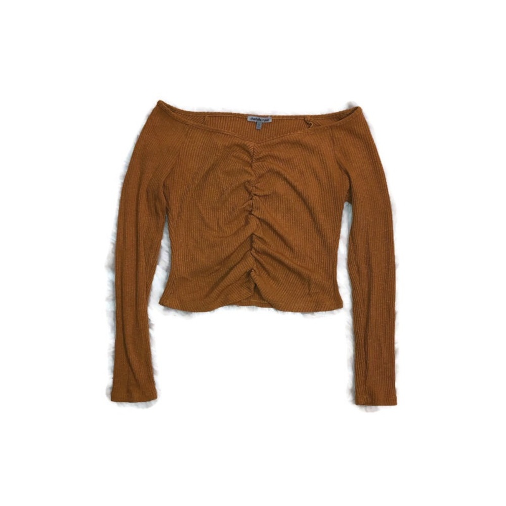 Off the Shoulder Ribbed Sweater With Ruching